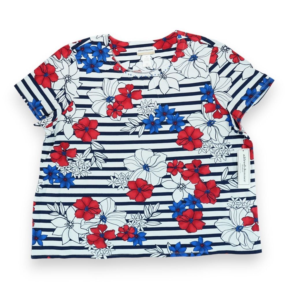 NWT Alfred Dunner Women's Floral Stripe Braided Neck Tee with Rhinestones‎
